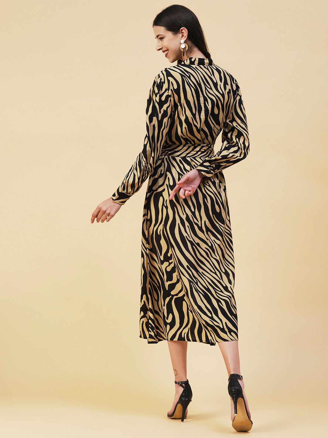 Zebra Printed A-line Belted Midi Dress - Black & Cream