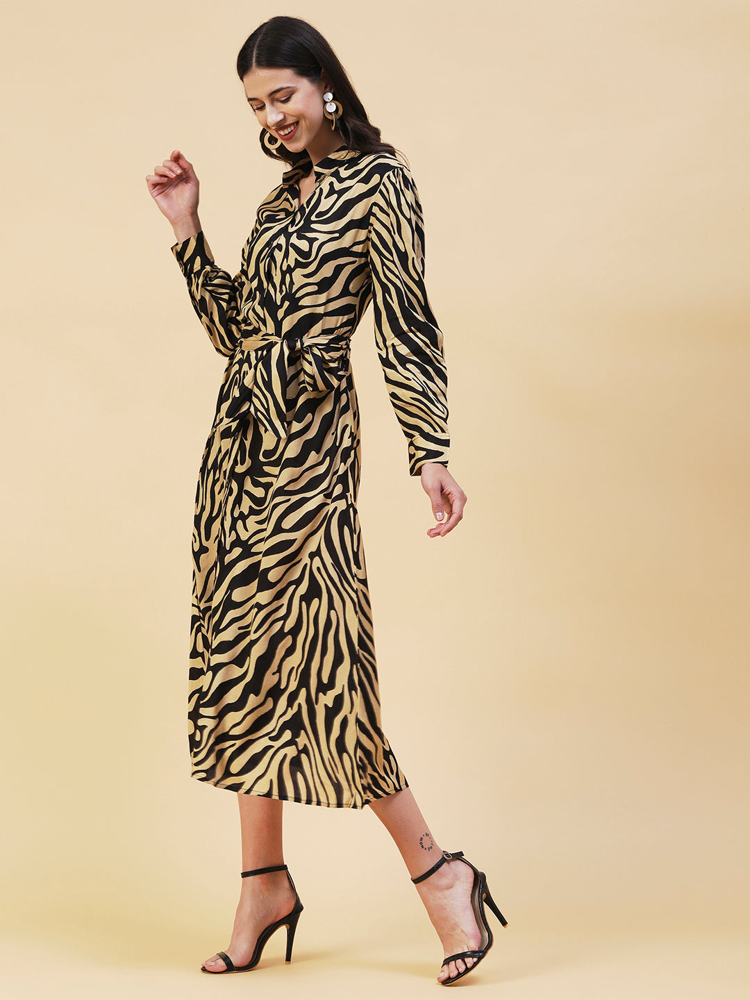 Zebra Printed A-line Belted Midi Dress - Black & Cream