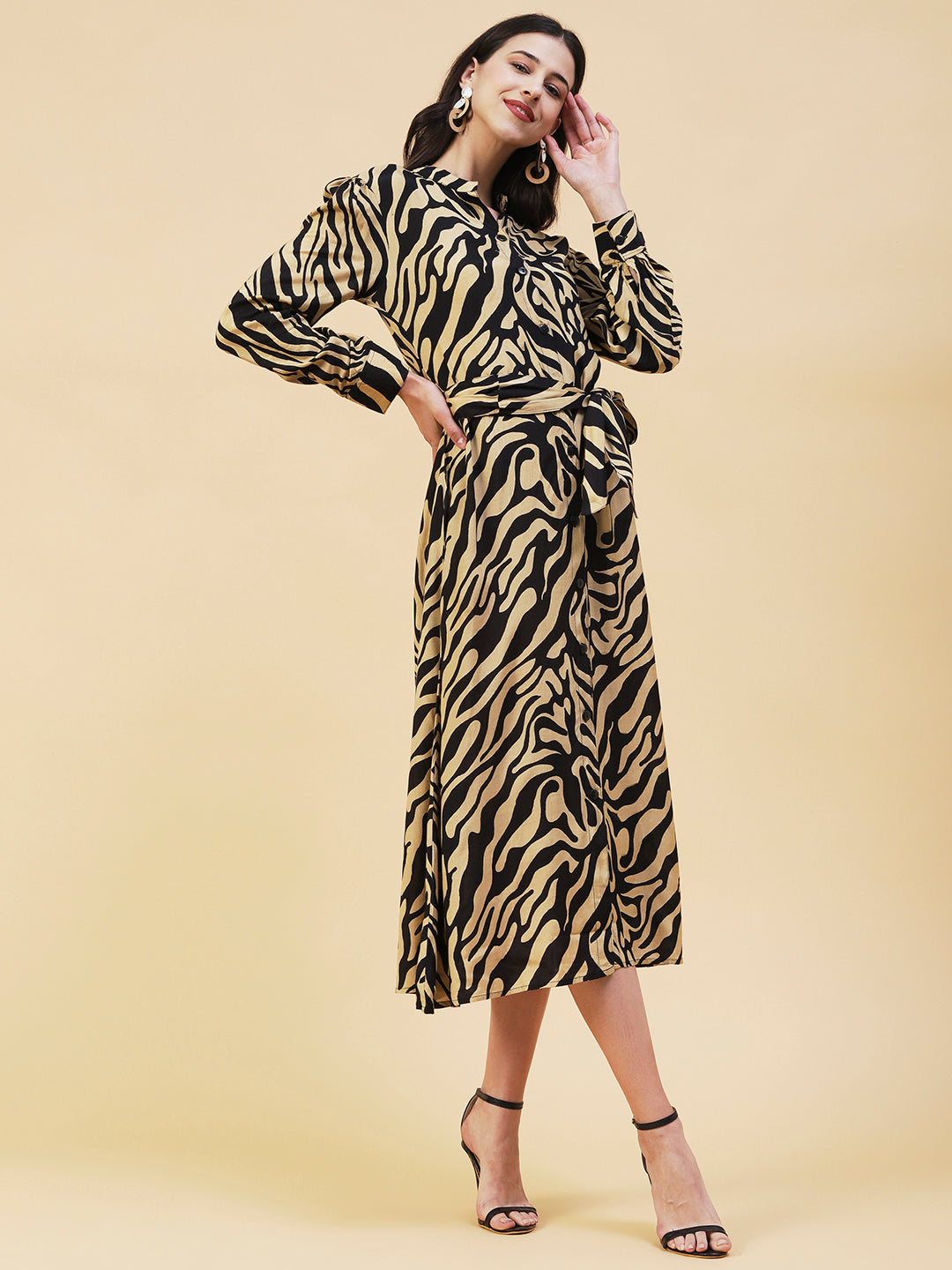 Zebra Printed A-line Belted Midi Dress - Black & Cream