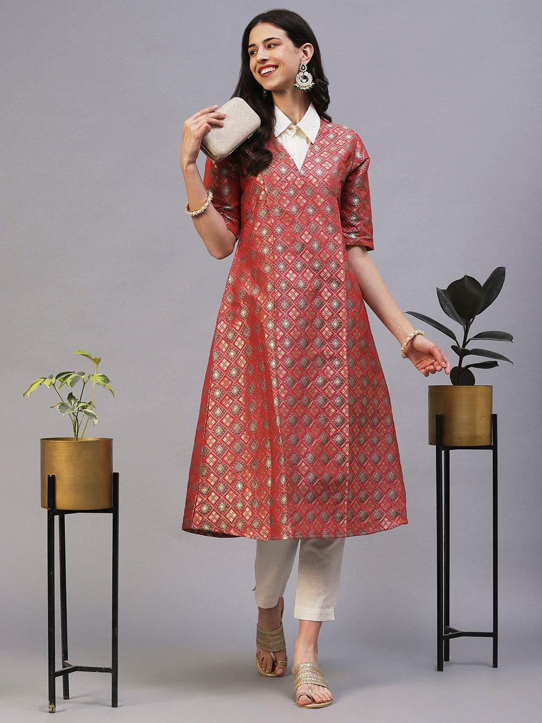 Ethnic Patola Brocade A-Line Midi Dress with Shirt - Coral