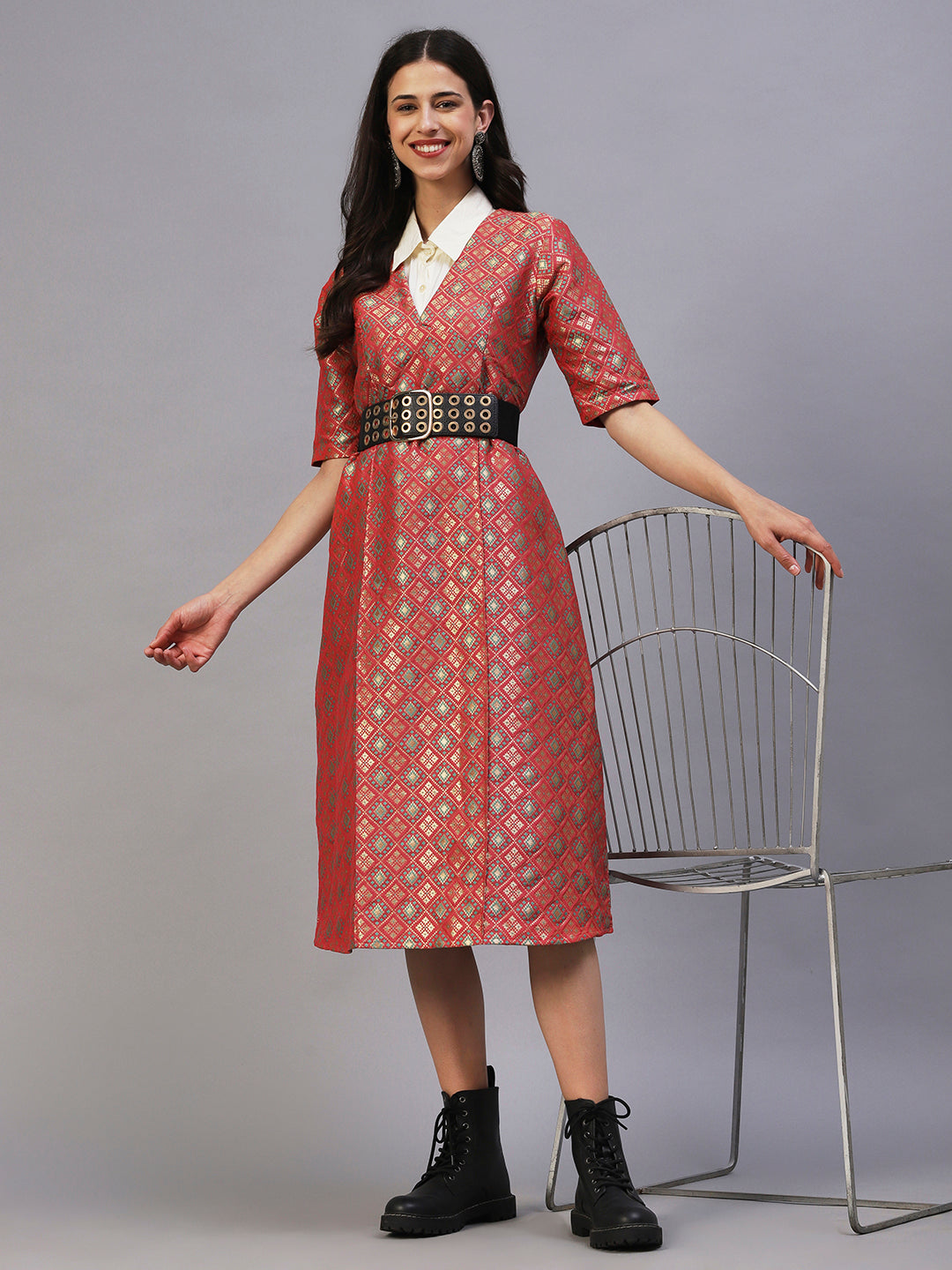 Ethnic Patola Brocade A-Line Midi Dress with Shirt - Coral