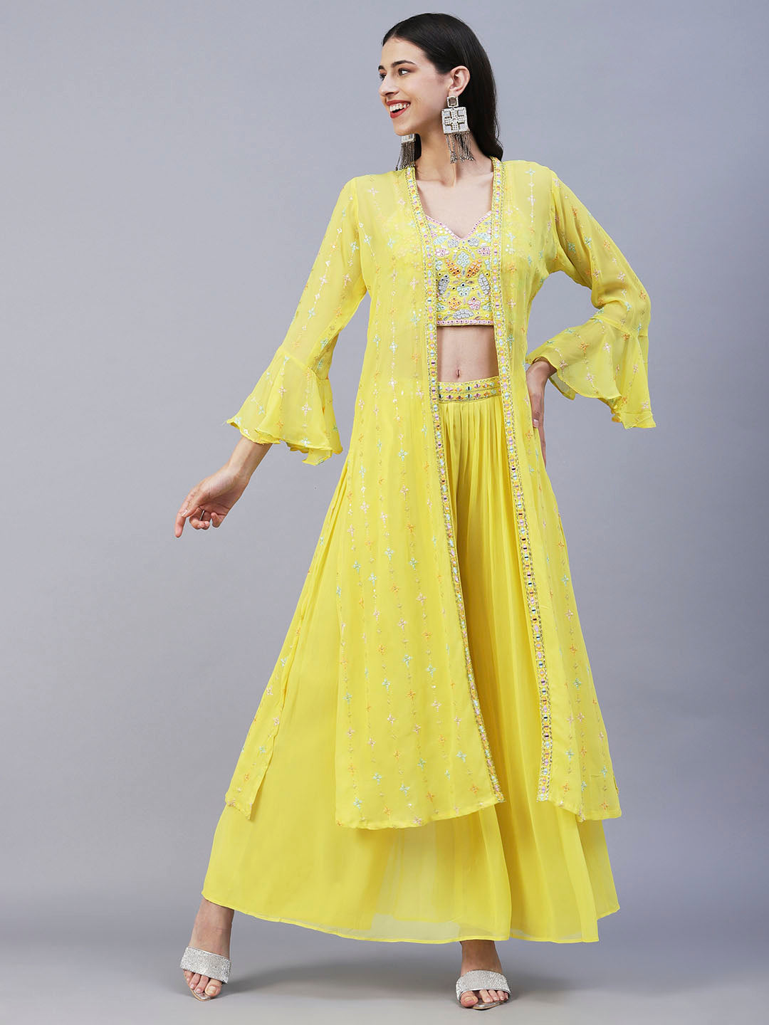 Solid Mirror & Resham Embroidered Crop Top With Embroidered jacket & Palazzo - Yellow