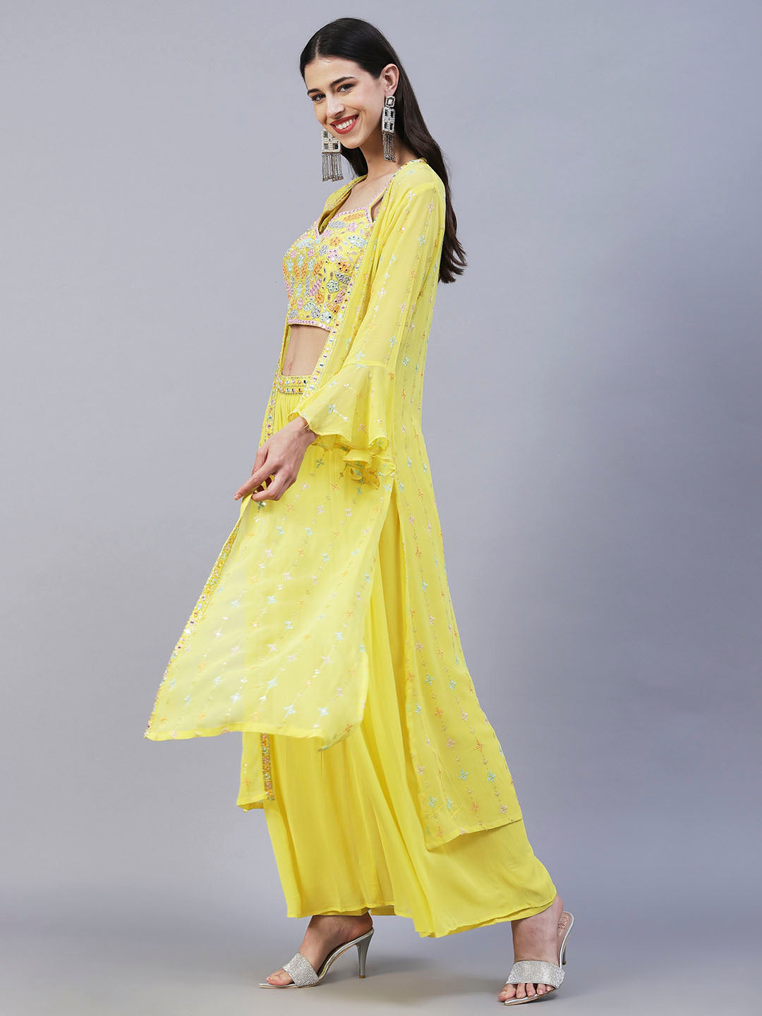 Solid Mirror & Resham Embroidered Crop Top With Embroidered jacket & Palazzo - Yellow