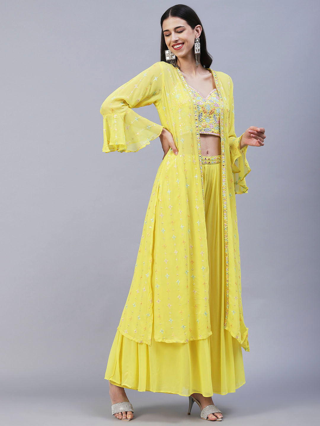 Solid Mirror & Resham Embroidered Crop Top With Embroidered jacket & Palazzo - Yellow