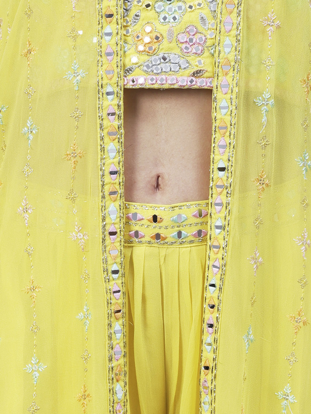 Solid Mirror & Resham Embroidered Crop Top With Embroidered jacket & Palazzo - Yellow