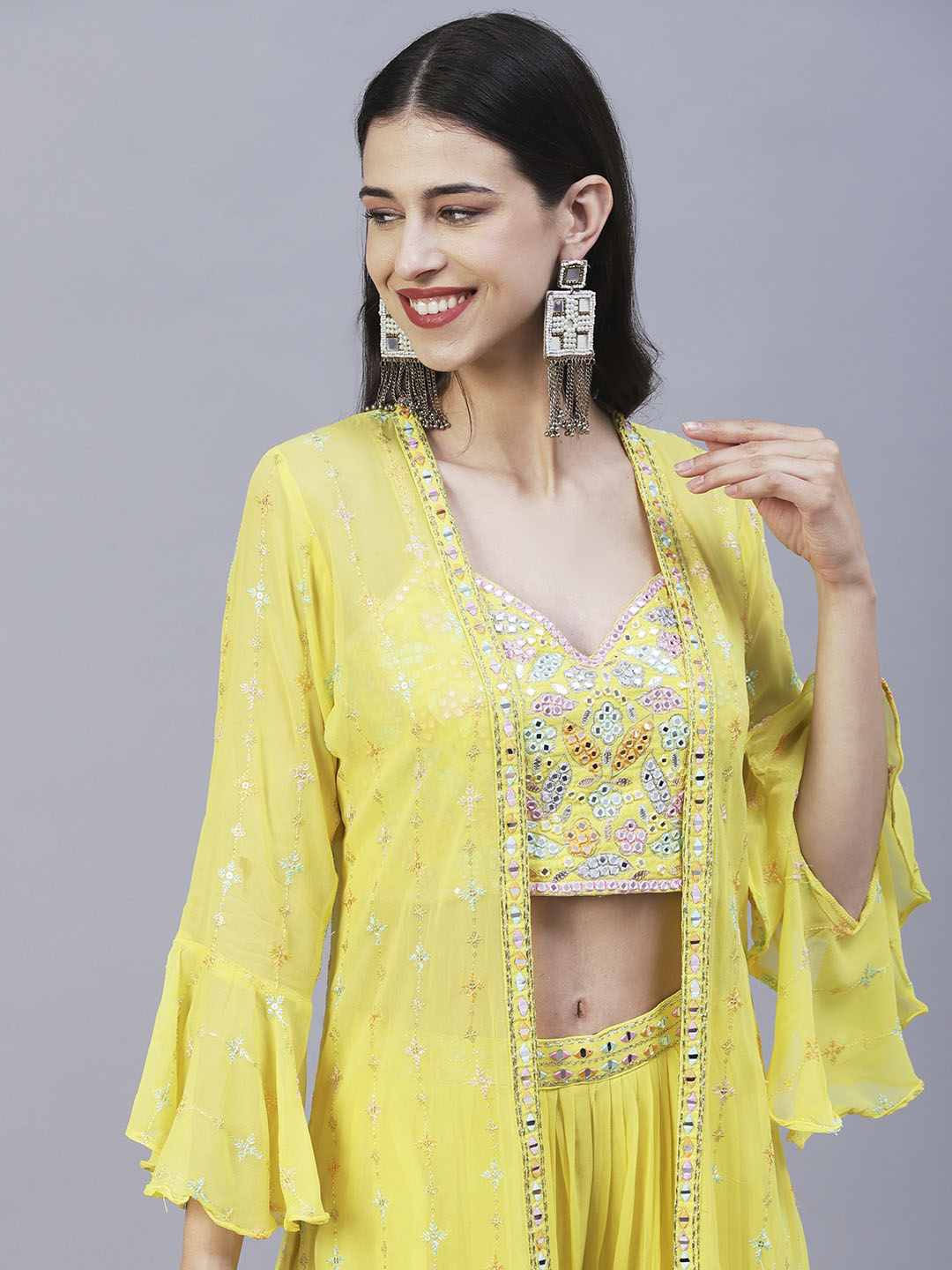 Solid Mirror & Resham Embroidered Crop Top With Embroidered jacket & Palazzo - Yellow