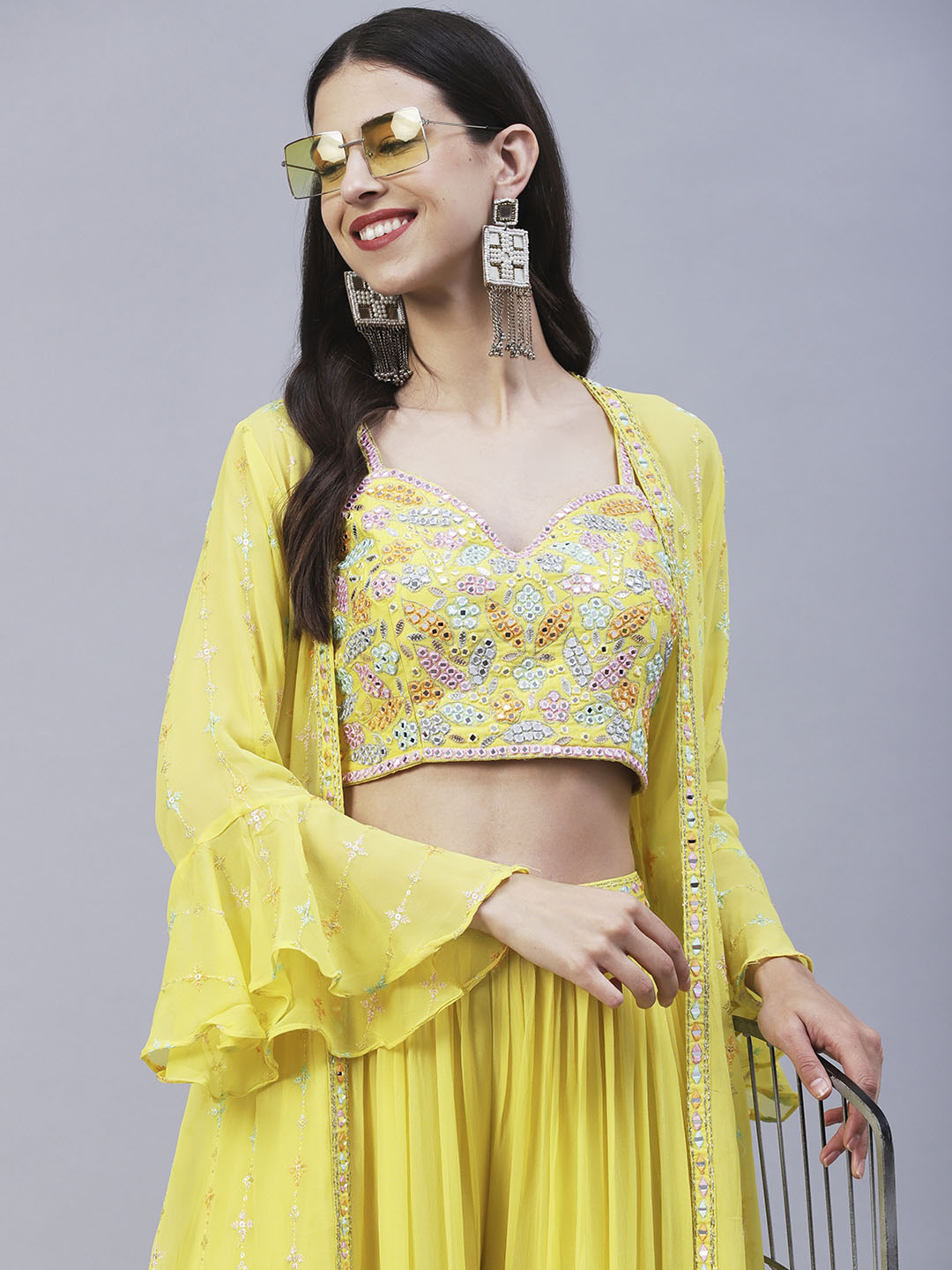 Solid Mirror & Resham Embroidered Crop Top With Embroidered jacket & Palazzo - Yellow