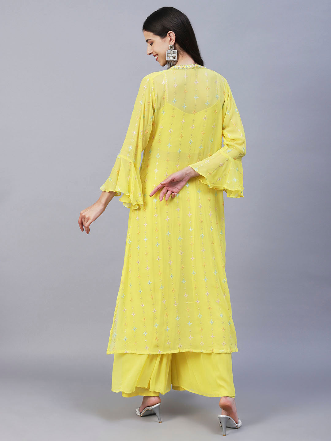 Solid Mirror & Resham Embroidered Crop Top With Embroidered jacket & Palazzo - Yellow