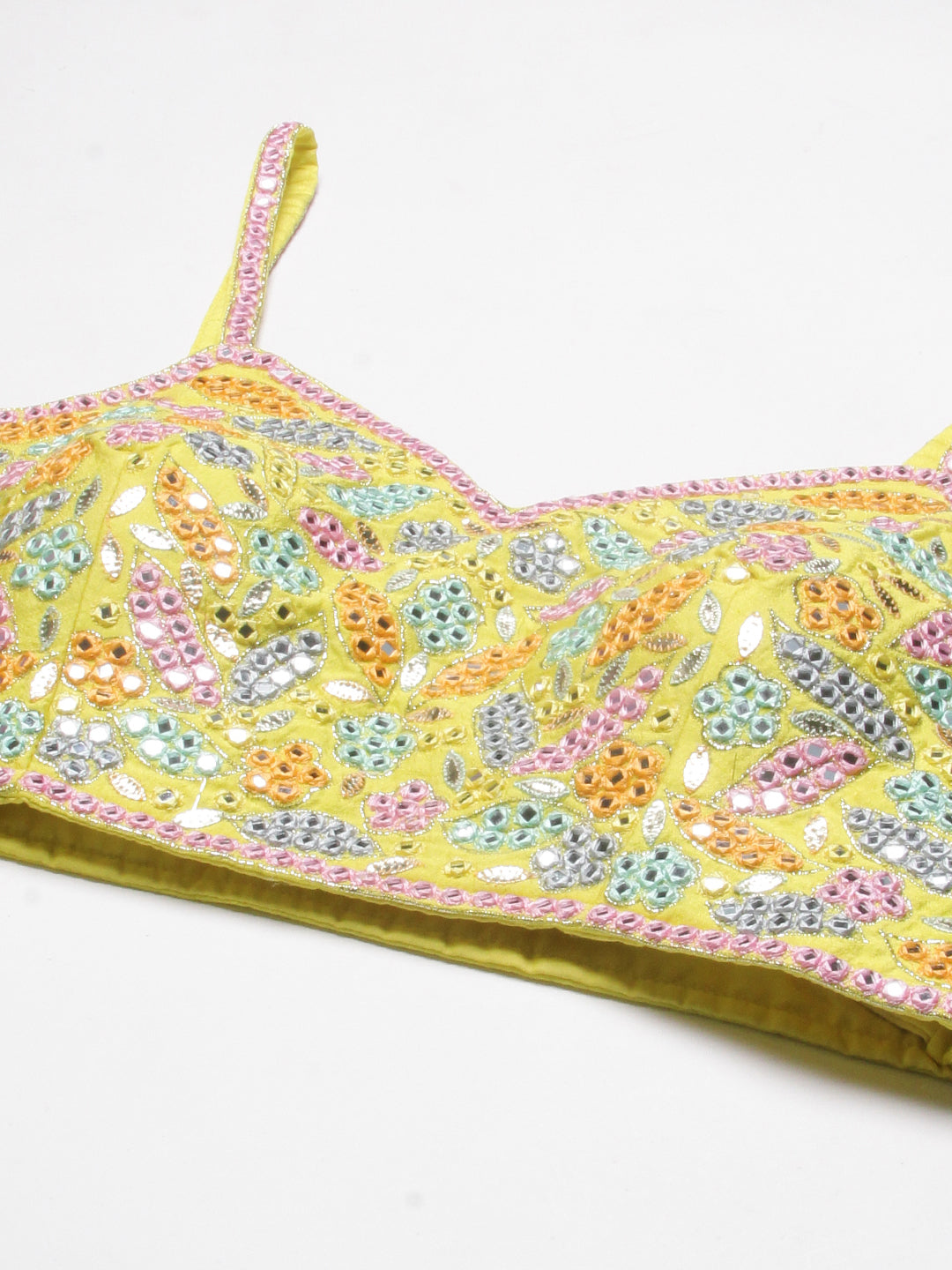 Solid Mirror & Resham Embroidered Crop Top With Embroidered jacket & Palazzo - Yellow