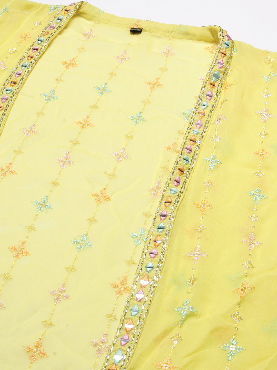 Solid Mirror & Resham Embroidered Crop Top With Embroidered jacket & Palazzo - Yellow
