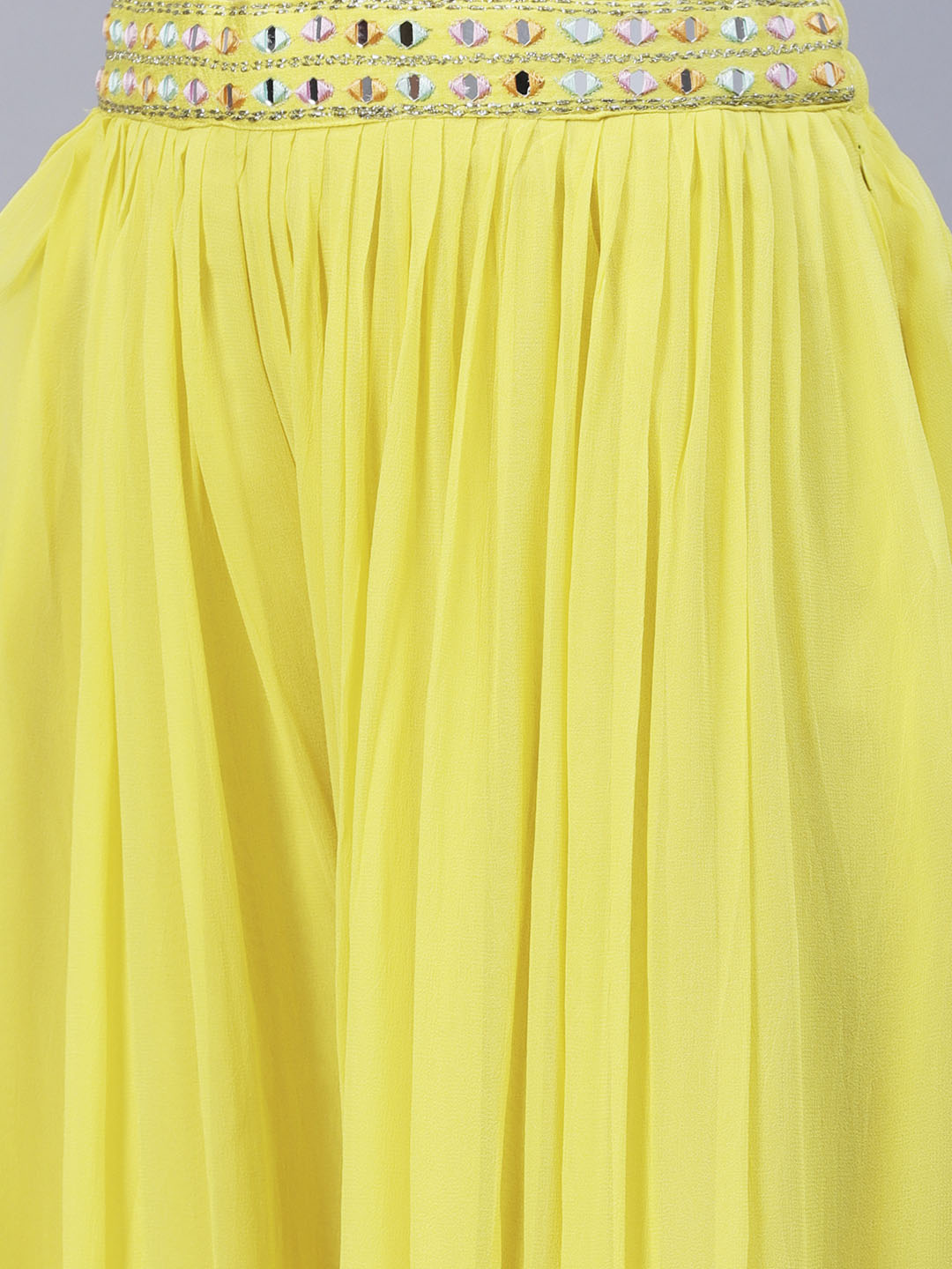 Solid Mirror & Resham Embroidered Crop Top With Embroidered jacket & Palazzo - Yellow