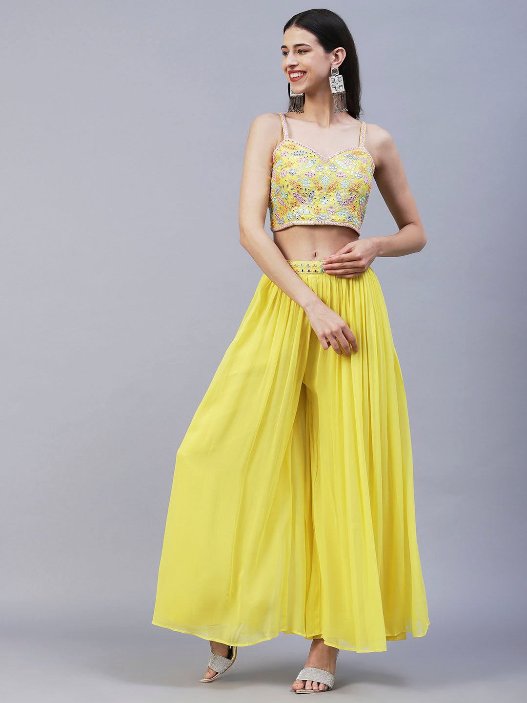 Solid Mirror & Resham Embroidered Crop Top With Embroidered jacket & Palazzo - Yellow