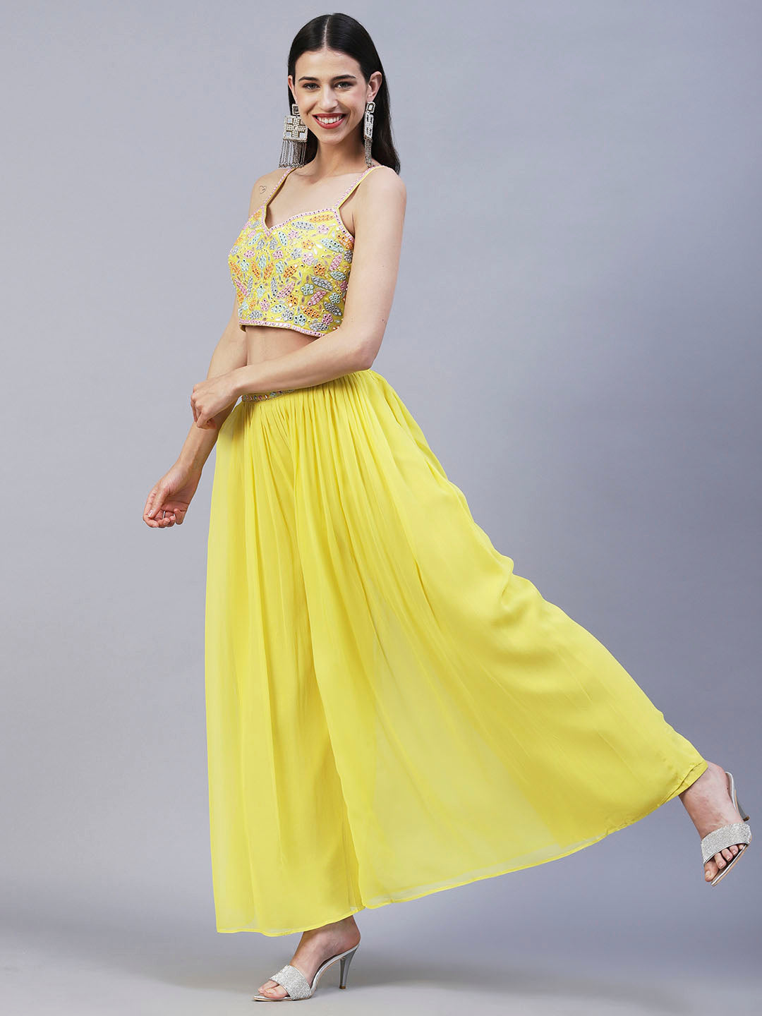 Solid Mirror & Resham Embroidered Crop Top With Embroidered jacket & Palazzo - Yellow