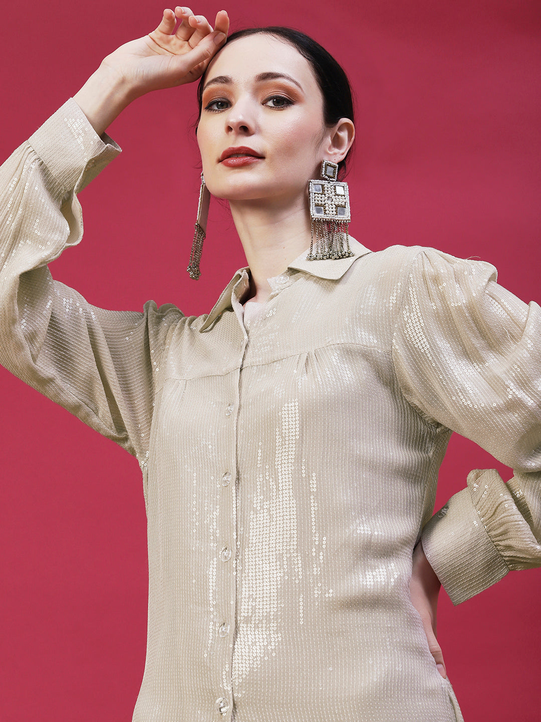 Solid Sequined Shirt Dress With A-Line Inner - Beige