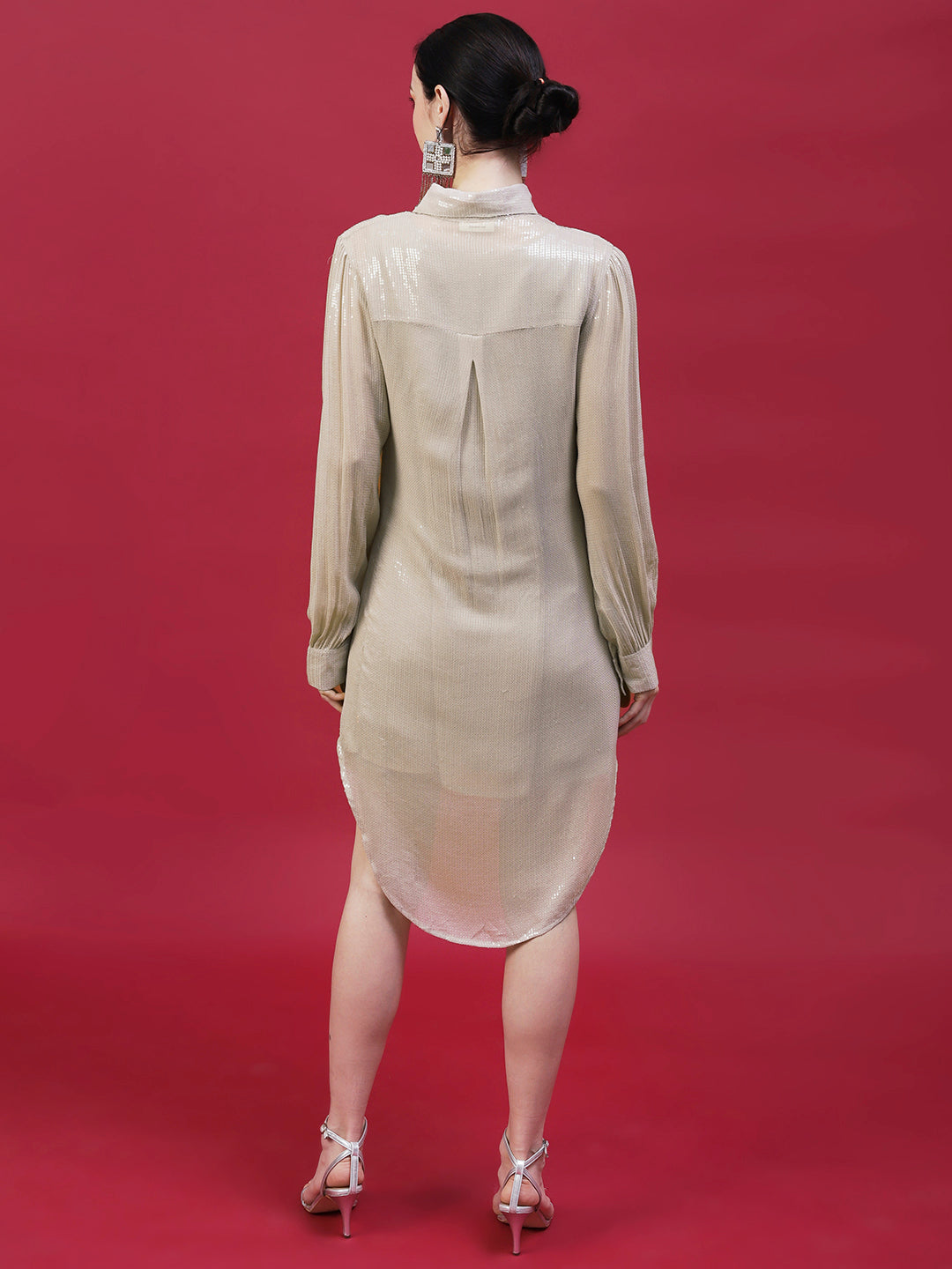 Solid Sequined Shirt Dress With A-Line Inner - Beige