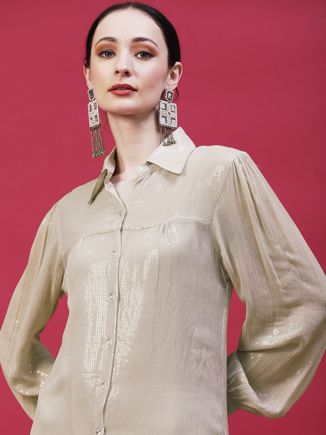 Solid Sequined Shirt Dress With A-Line Inner - Beige