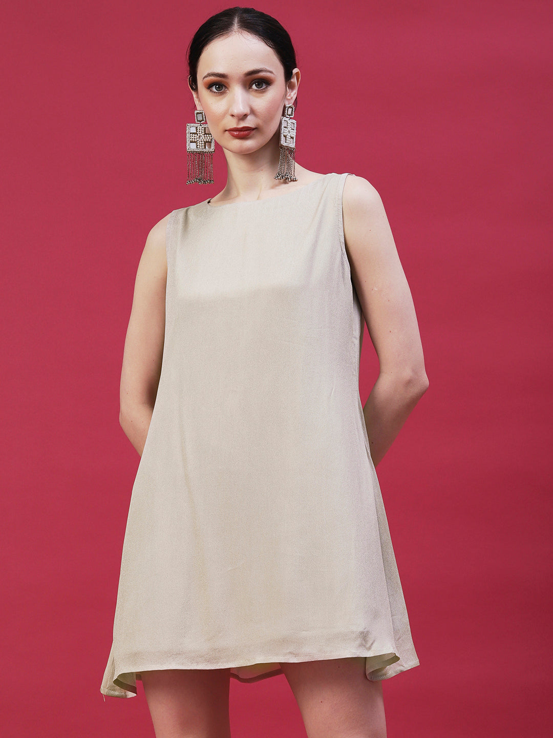 Solid Sequined Shirt Dress With A-Line Inner - Beige