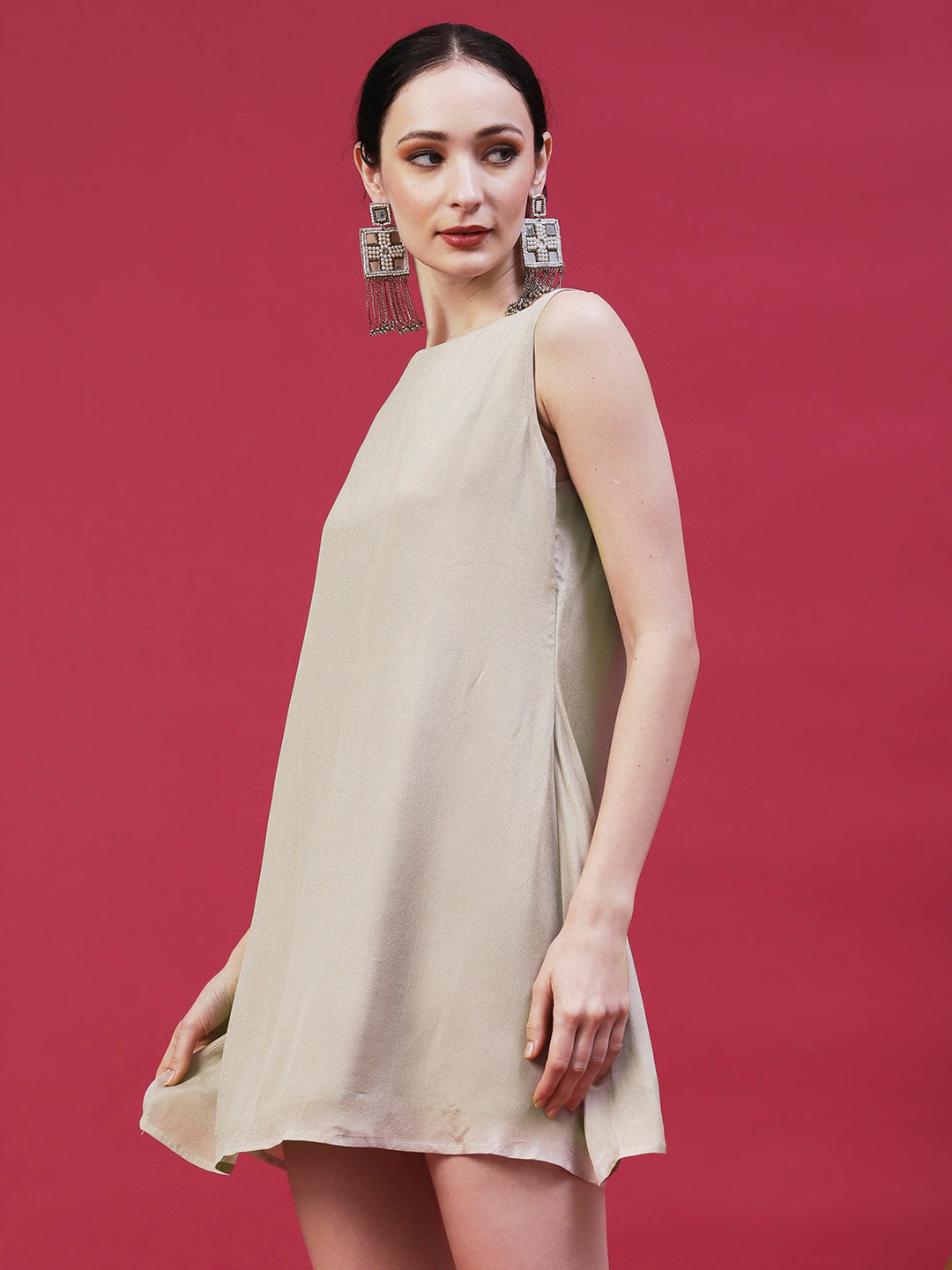 Solid Sequined Shirt Dress With A-Line Inner - Beige