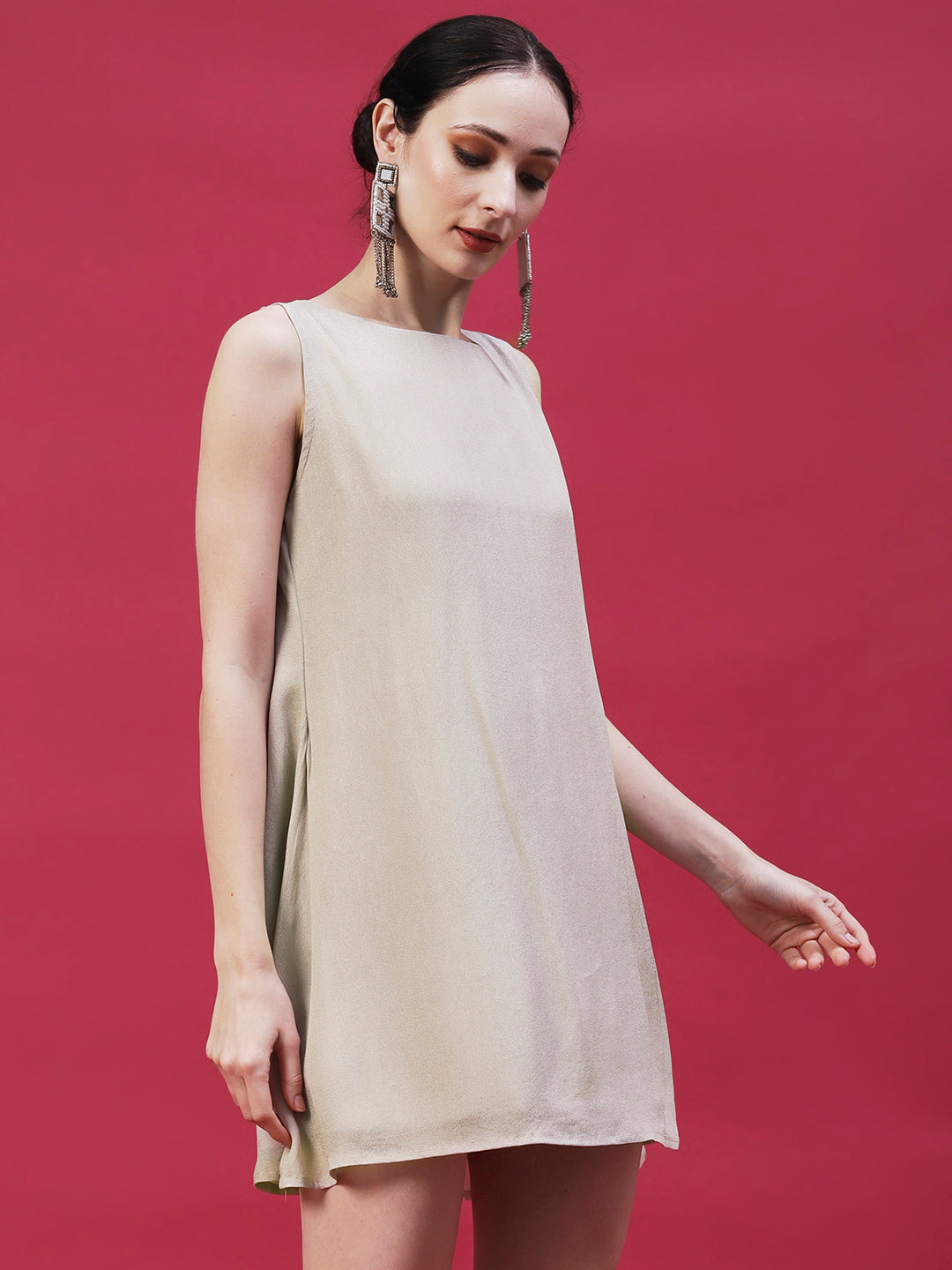 Solid Sequined Shirt Dress With A-Line Inner - Beige