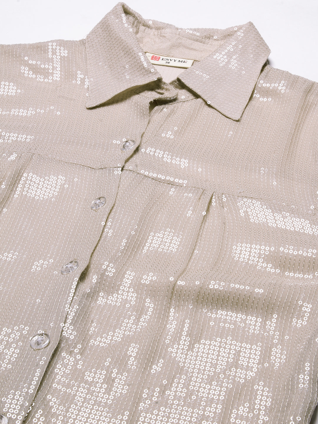 Solid Sequined Shirt Dress With A-Line Inner - Beige