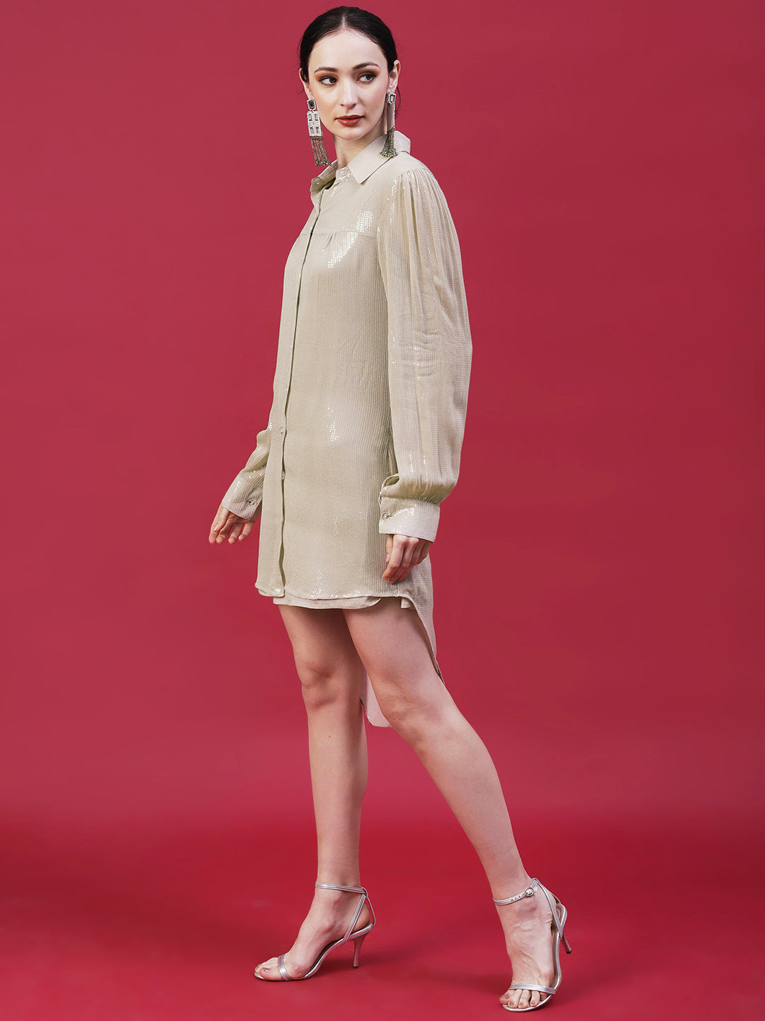 Solid Sequined Shirt Dress With A-Line Inner - Beige