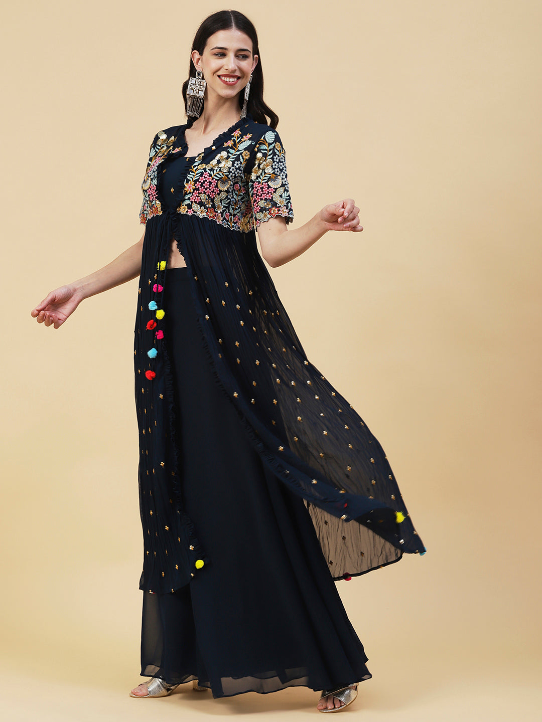 Solid Top with Flared Palazzo & Floral Embroidered Long Jacket - Teal Blue