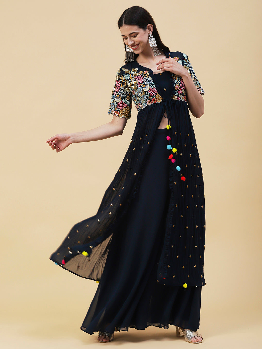 Solid Top with Flared Palazzo & Floral Embroidered Long Jacket - Teal Blue