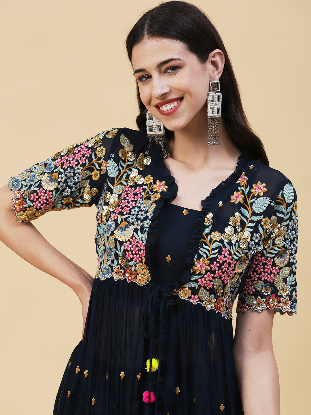 Solid Top with Flared Palazzo & Floral Embroidered Long Jacket - Teal Blue