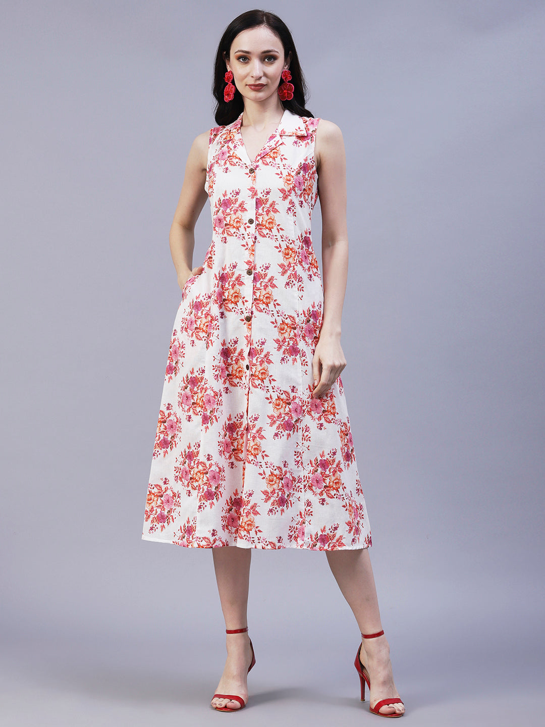 Floral Printed A-Line Midi Dress - Off White