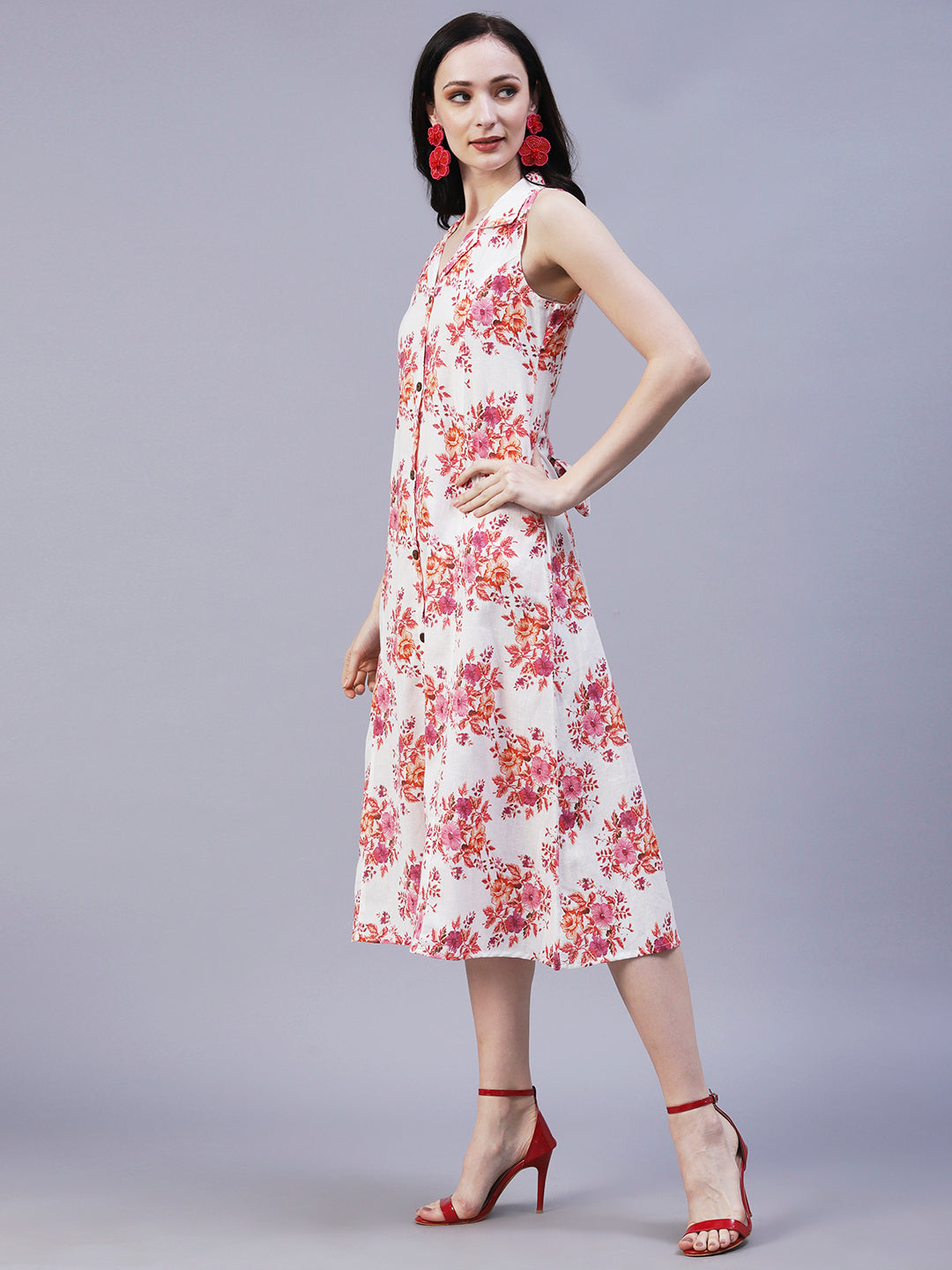 Floral Printed A-Line Midi Dress - Off White