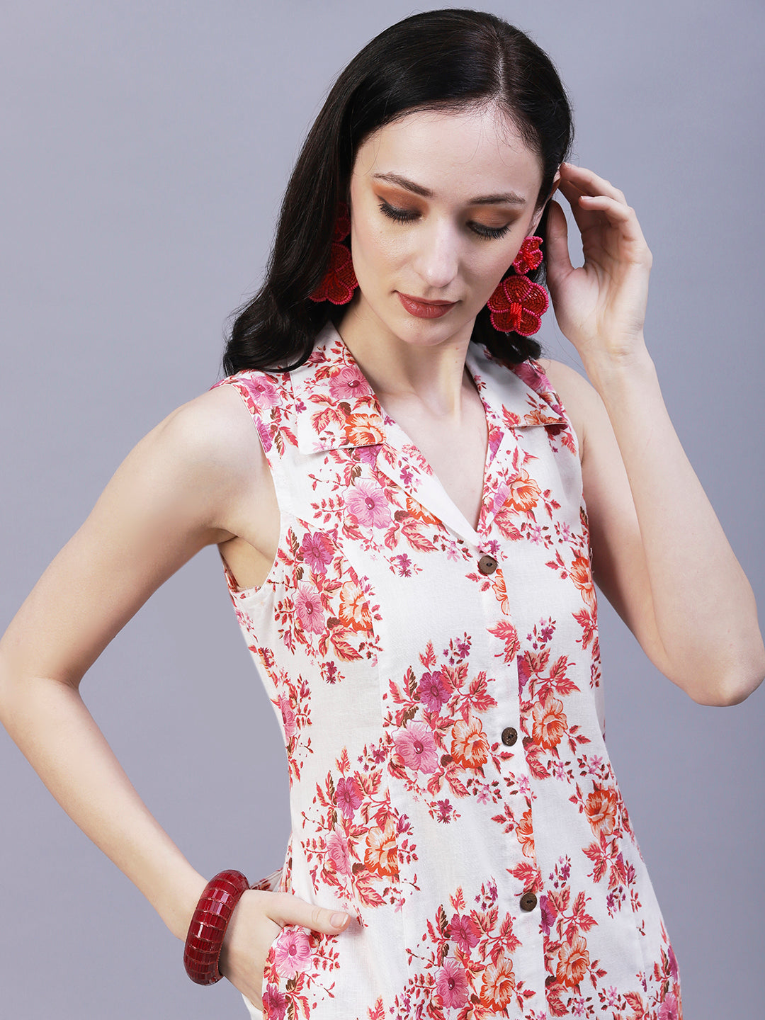 Floral Printed A-Line Midi Dress - Off White