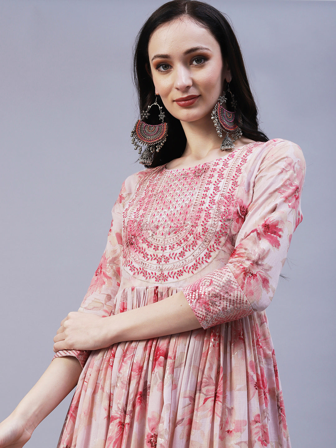 Abstract Floral Printed & Embroidered Fit & Flare Midi Dress - Pastel Pink