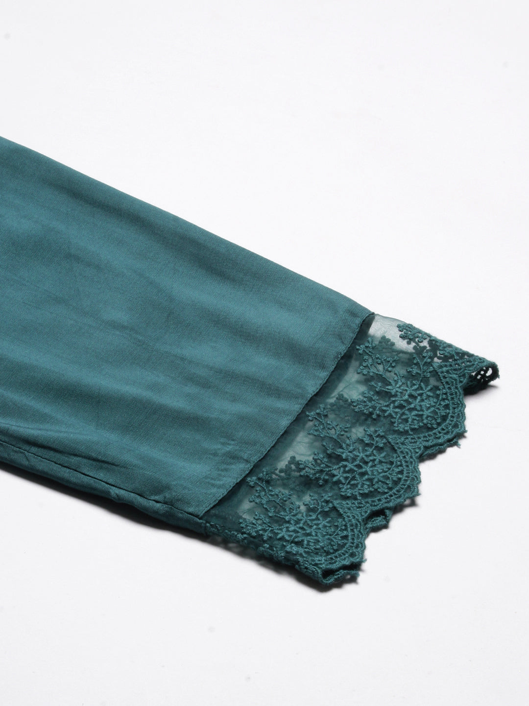 Floral Printed Pearl Embroidered Flared Kurta With Pants & Dupatta - Green