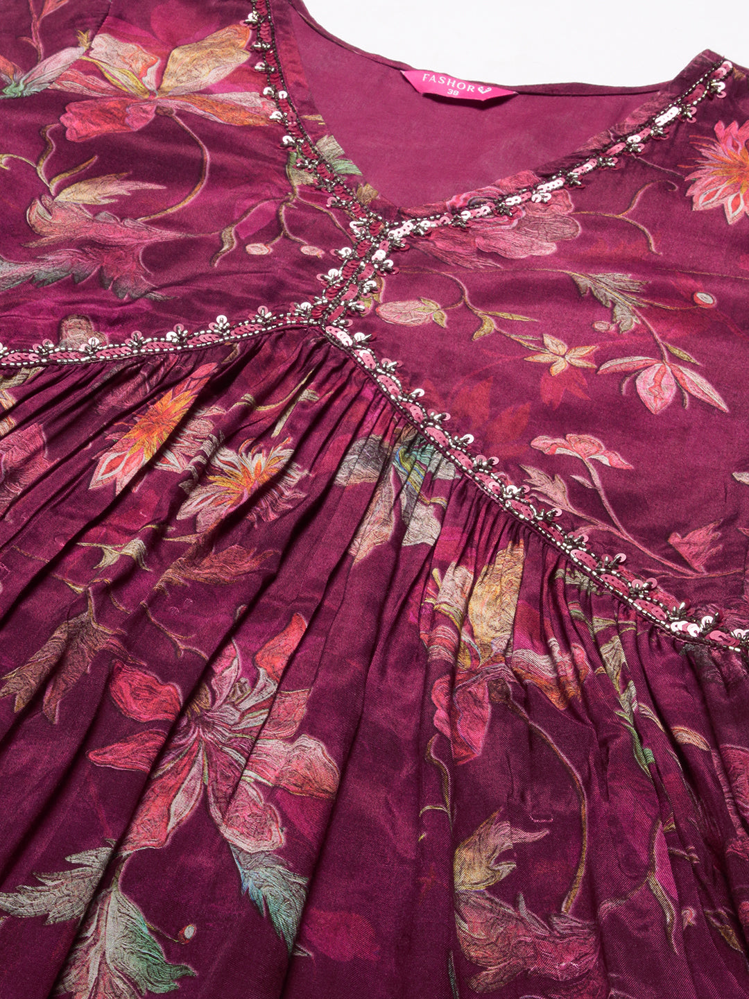 Floral Printed Cutdana Embroidered Flared Kurta With Pants & Dupatta - Maroon