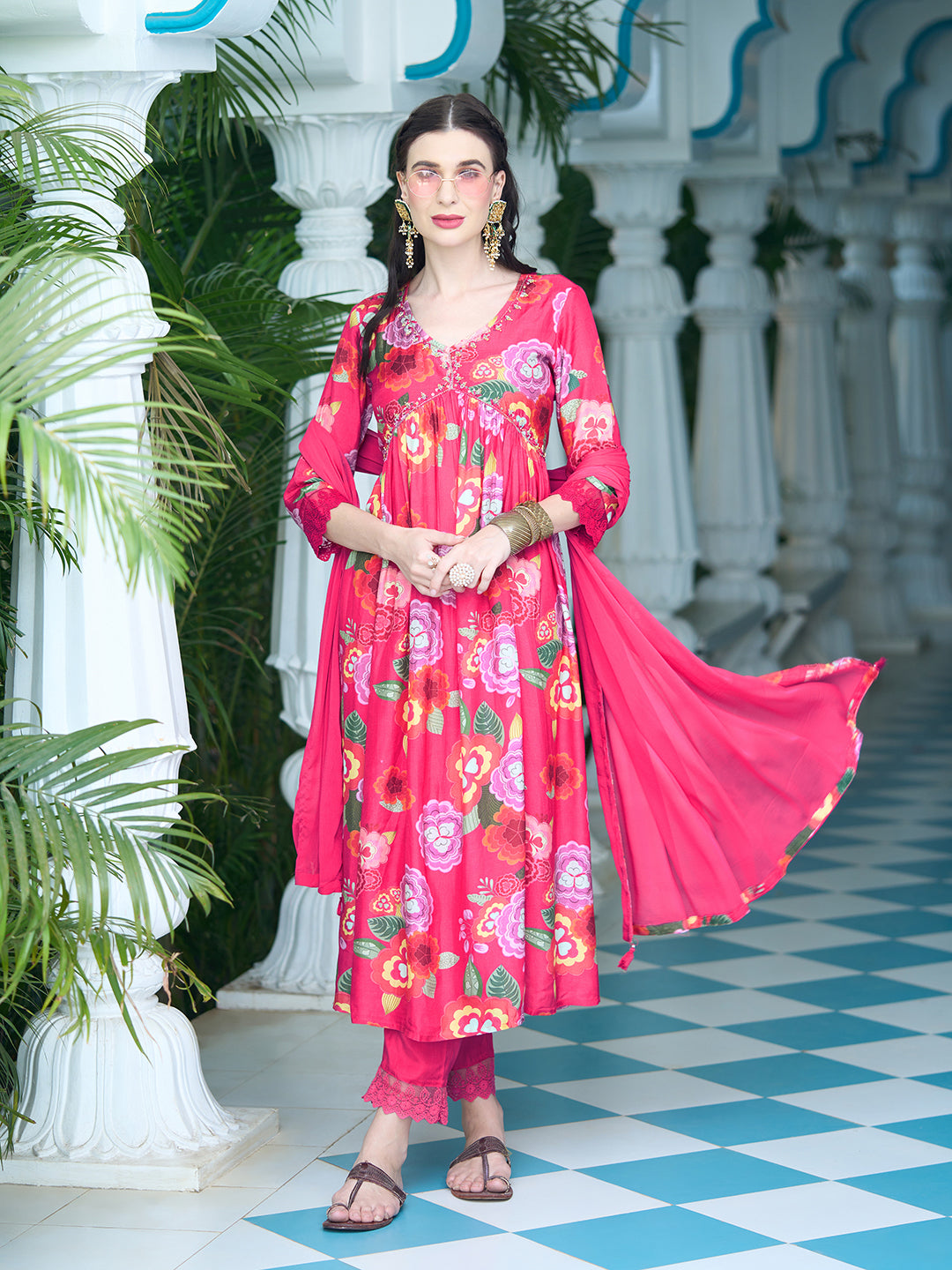 Floral Printed Sequins Embroidered Flared Kurta With Pants & Dupatta - Fuchsia