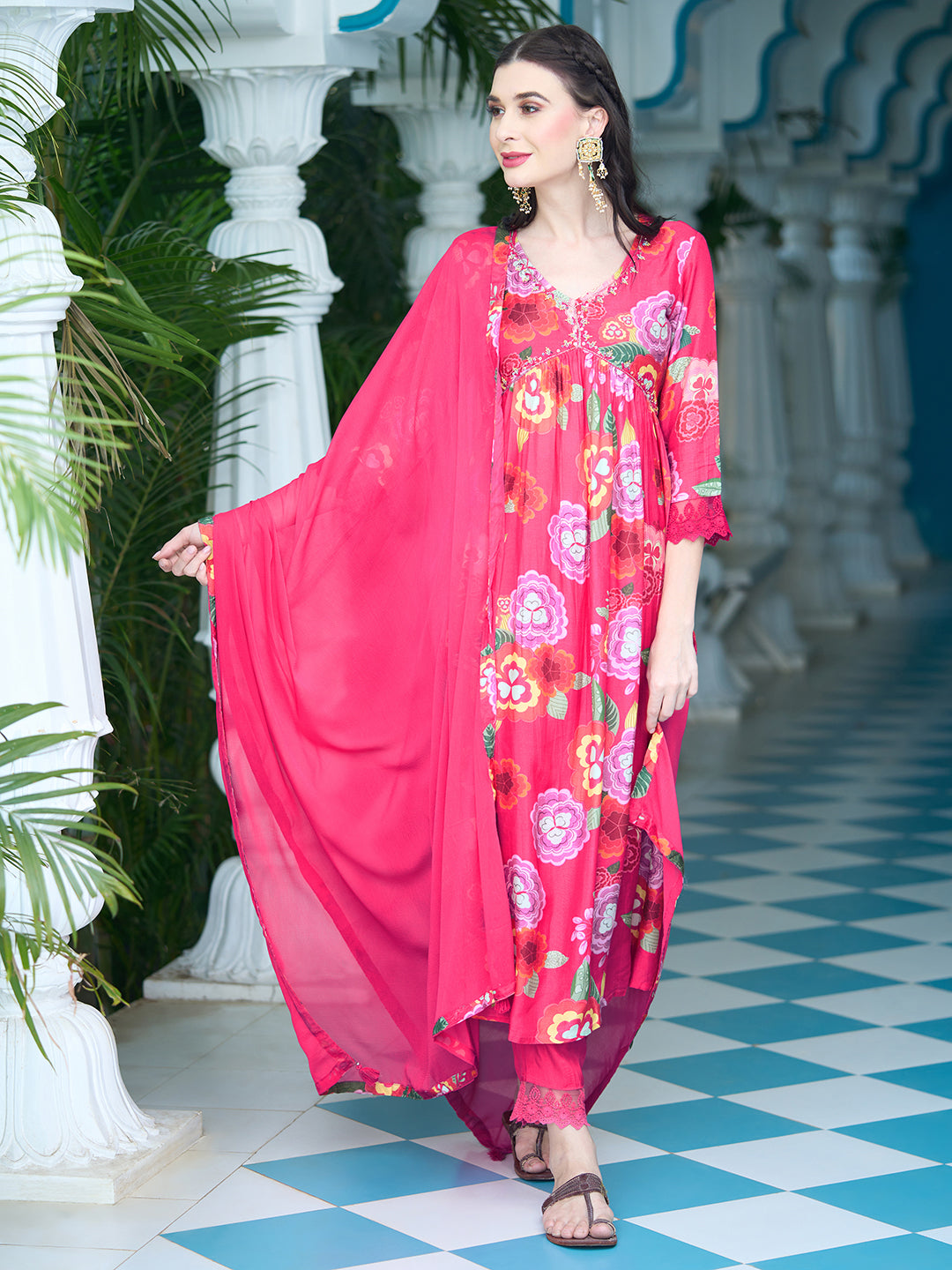 Floral Printed Sequins Embroidered Flared Kurta With Pants & Dupatta - Fuchsia