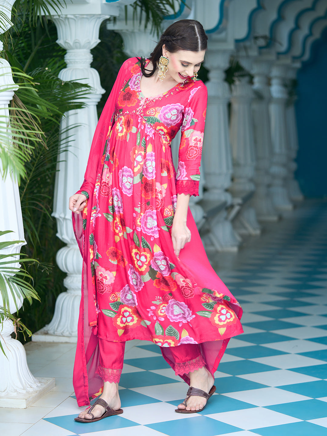 Floral Printed Sequins Embroidered Flared Kurta With Pants & Dupatta - Fuchsia