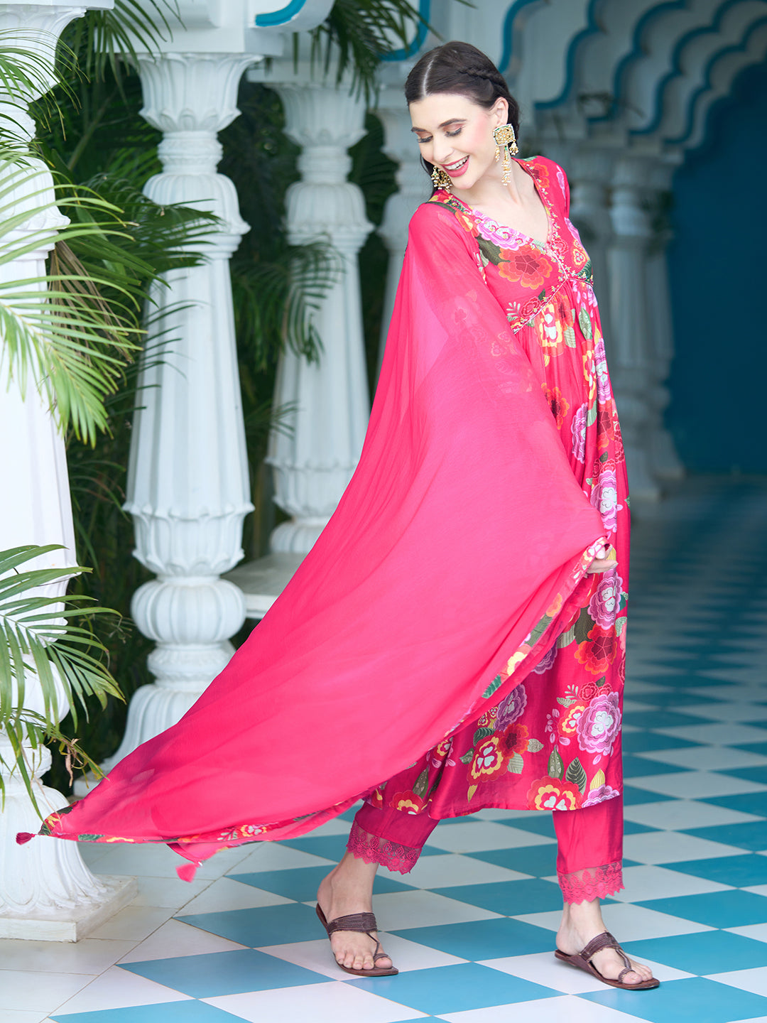 Floral Printed Sequins Embroidered Flared Kurta With Pants & Dupatta - Fuchsia