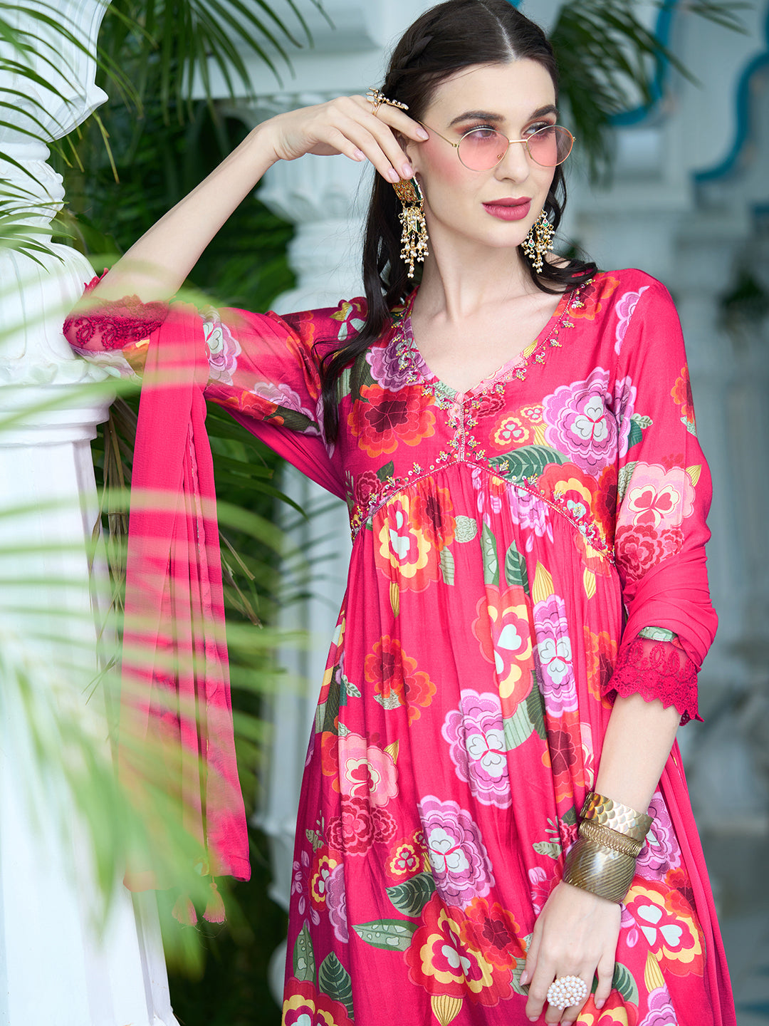 Floral Printed Sequins Embroidered Flared Kurta With Pants & Dupatta - Fuchsia