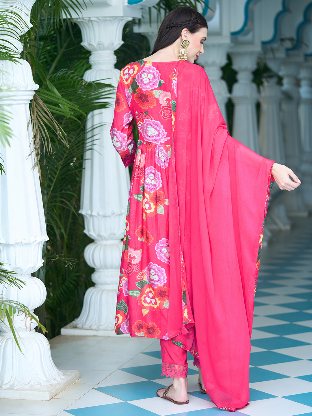 Floral Printed Sequins Embroidered Flared Kurta With Pants & Dupatta - Fuchsia