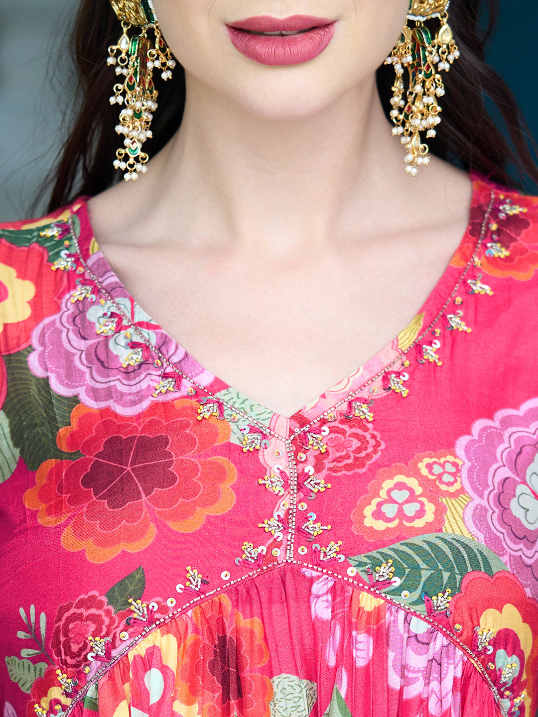 Floral Printed Sequins Embroidered Flared Kurta With Pants & Dupatta - Fuchsia