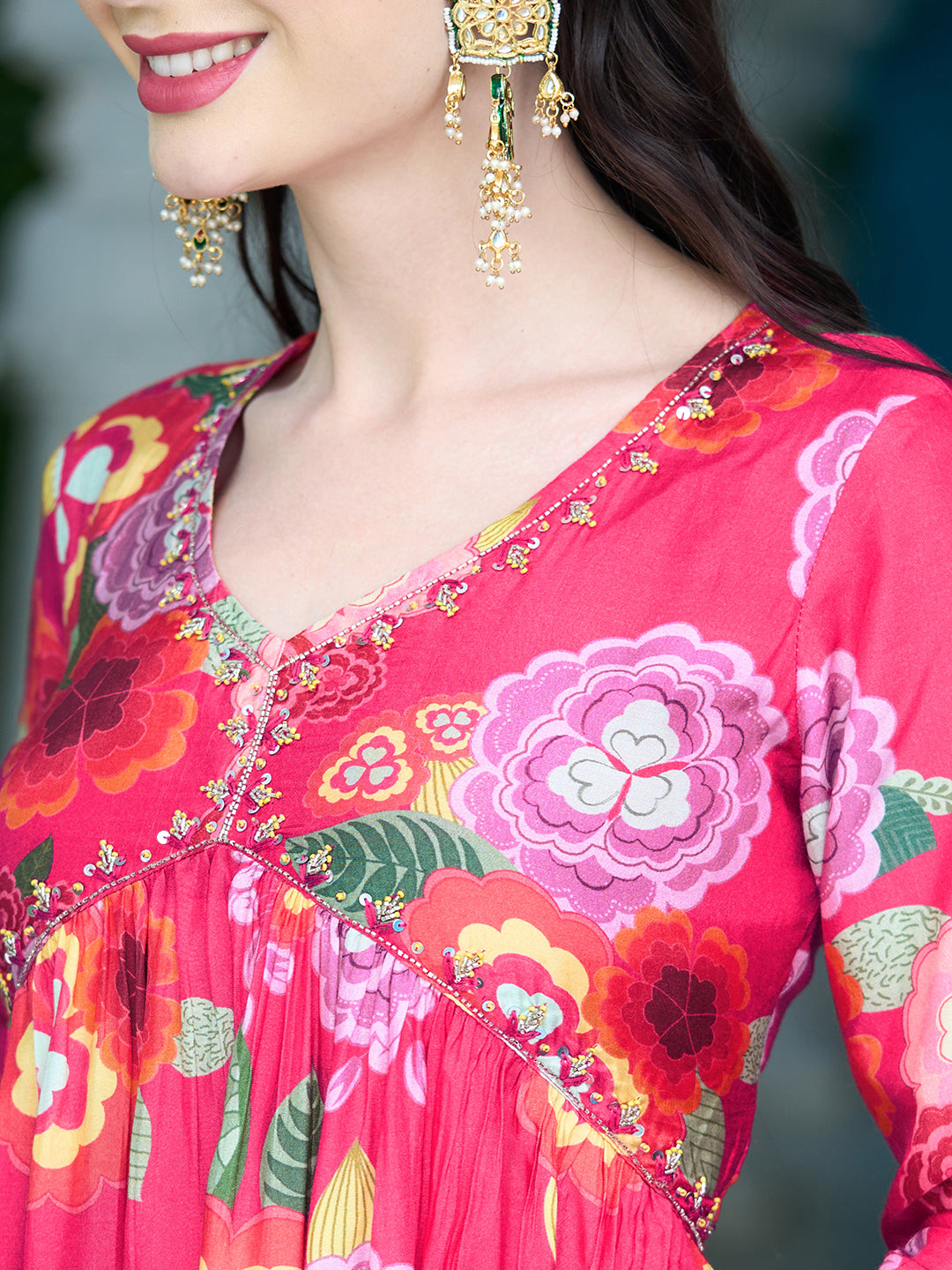 Floral Printed Sequins Embroidered Flared Kurta With Pants & Dupatta - Fuchsia