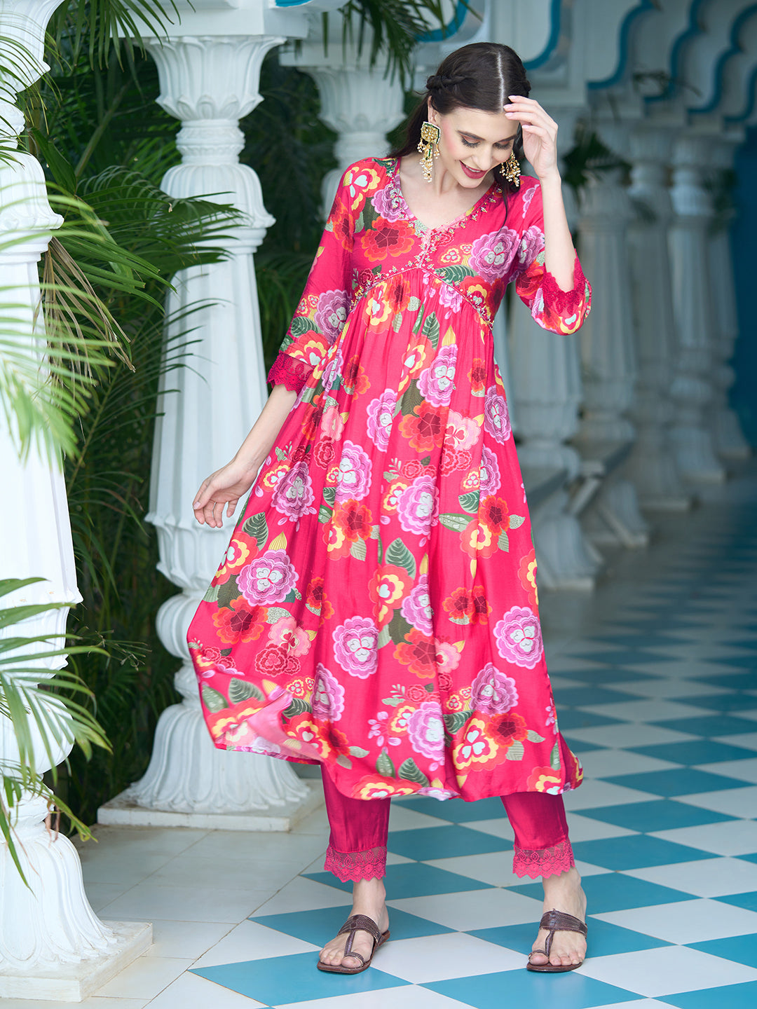 Floral Printed Sequins Embroidered Flared Kurta With Pants & Dupatta - Fuchsia