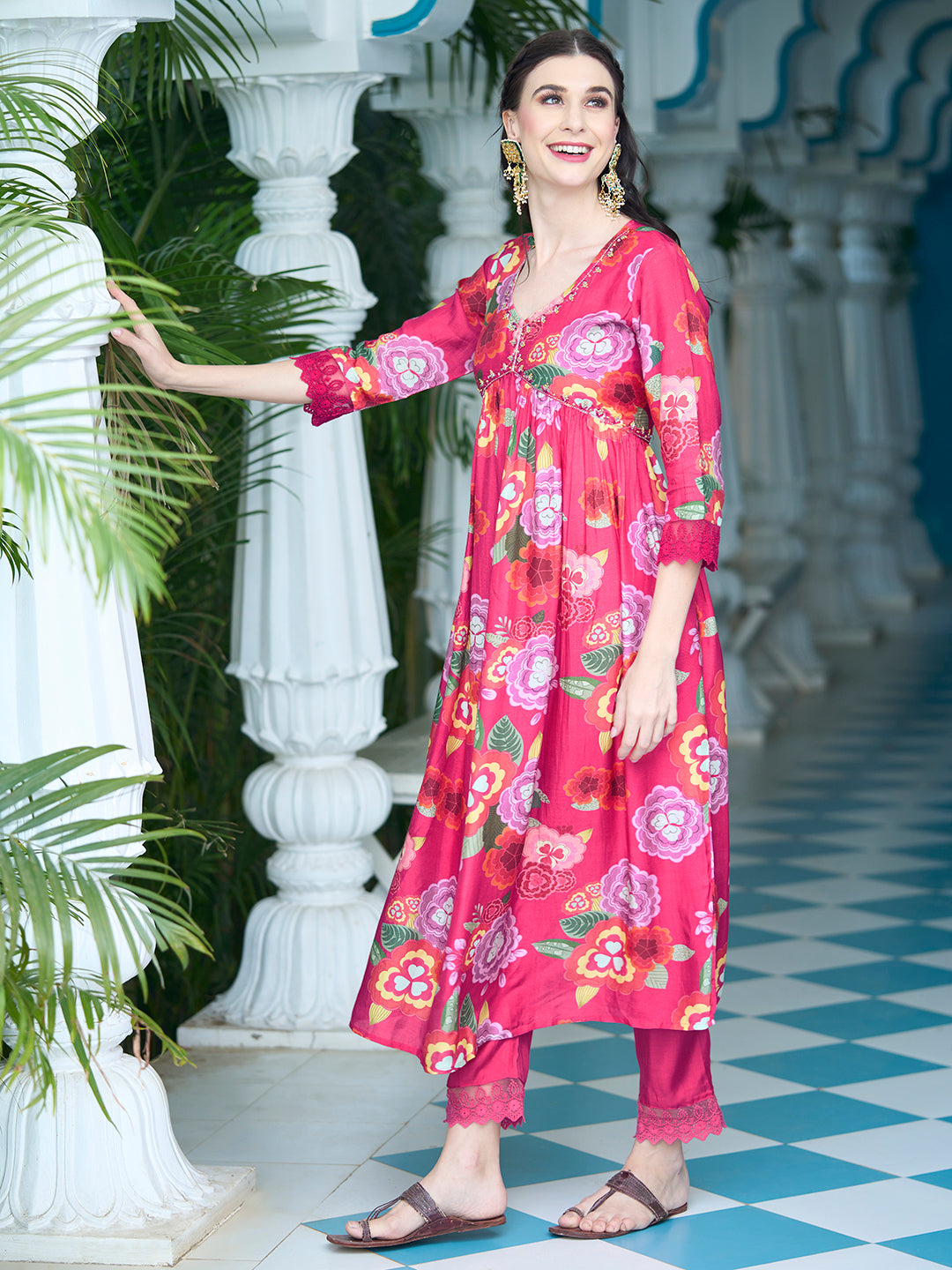 Floral Printed Sequins Embroidered Flared Kurta With Pants & Dupatta - Fuchsia