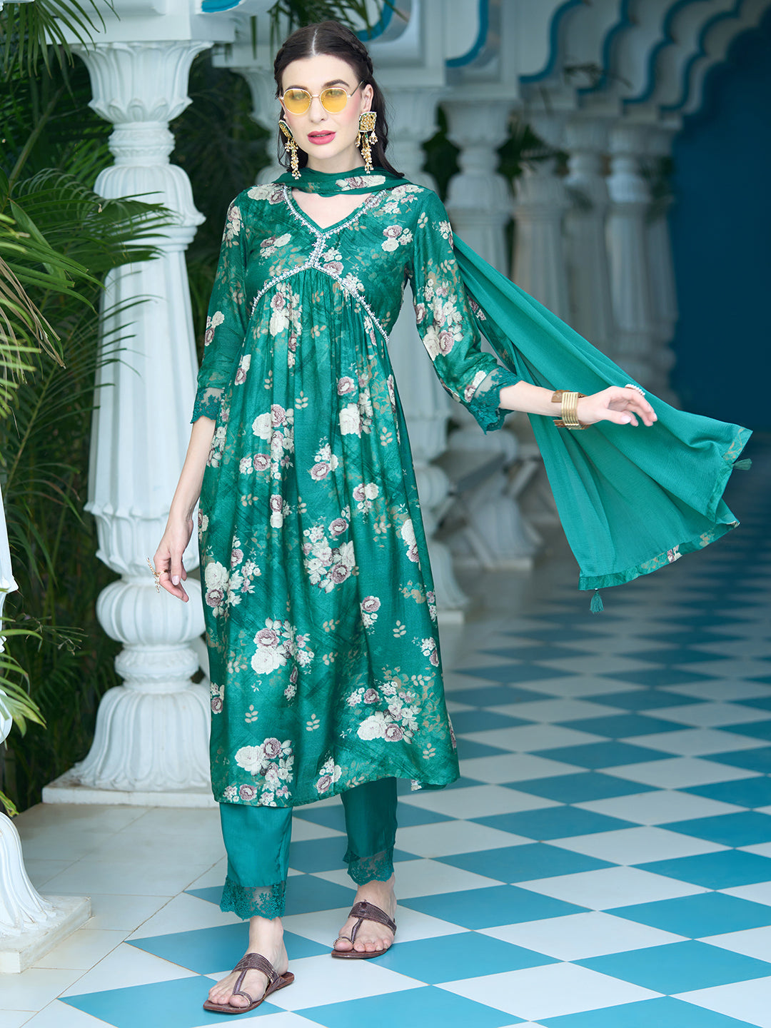 Floral Printed Pearl Embroidered Flared Kurta With Pants & Dupatta - Green