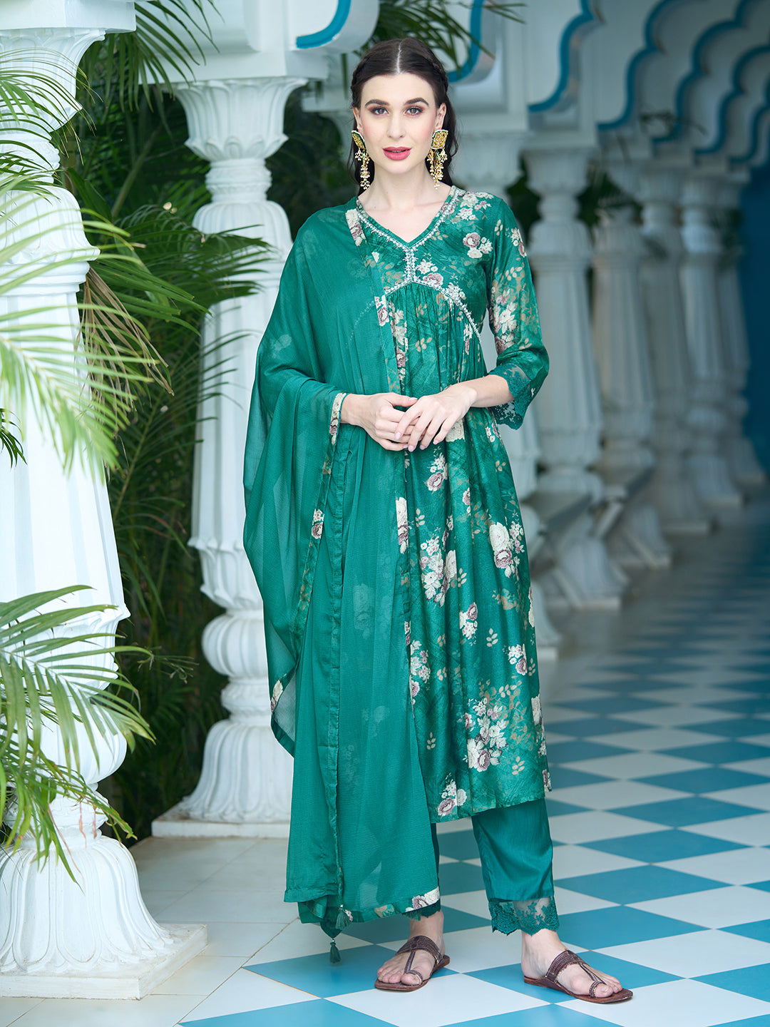 Floral Printed Pearl Embroidered Flared Kurta With Pants & Dupatta - Green