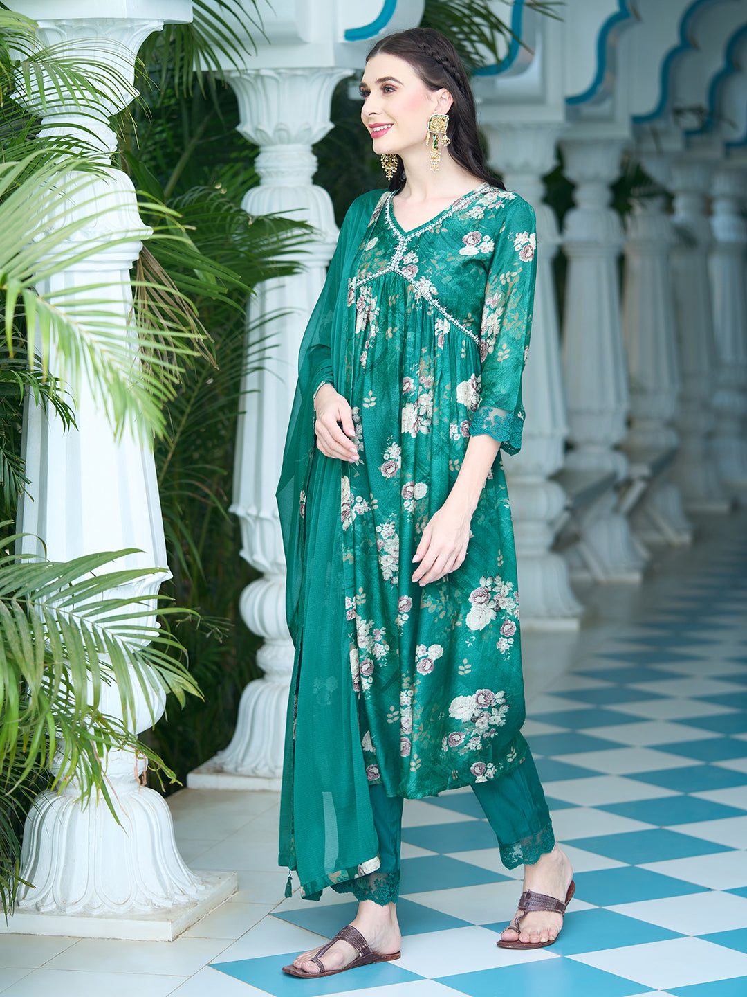 Floral Printed Pearl Embroidered Flared Kurta With Pants & Dupatta - Green