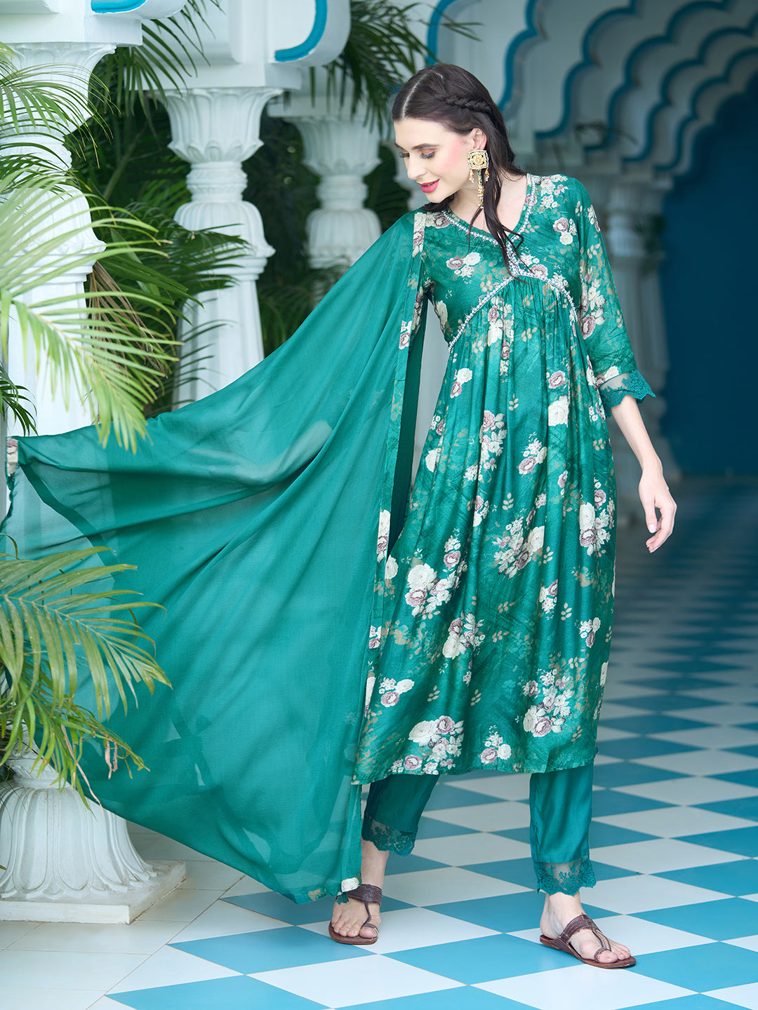 Floral Printed Pearl Embroidered Flared Kurta With Pants & Dupatta - Green