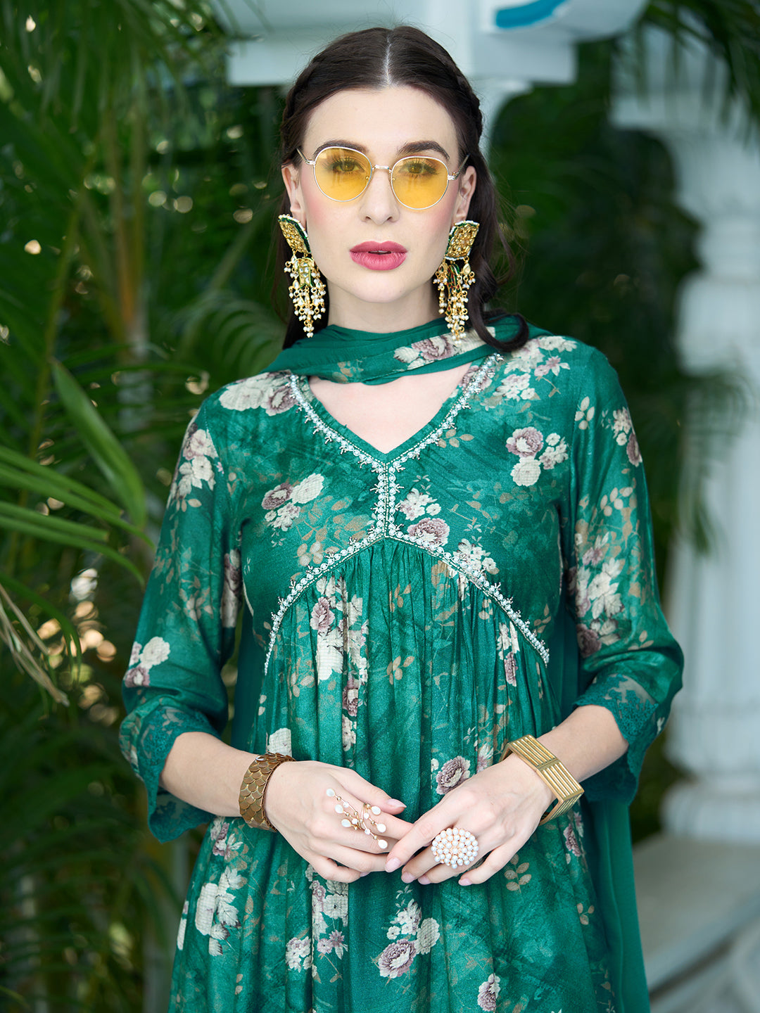 Floral Printed Pearl Embroidered Flared Kurta With Pants & Dupatta - Green