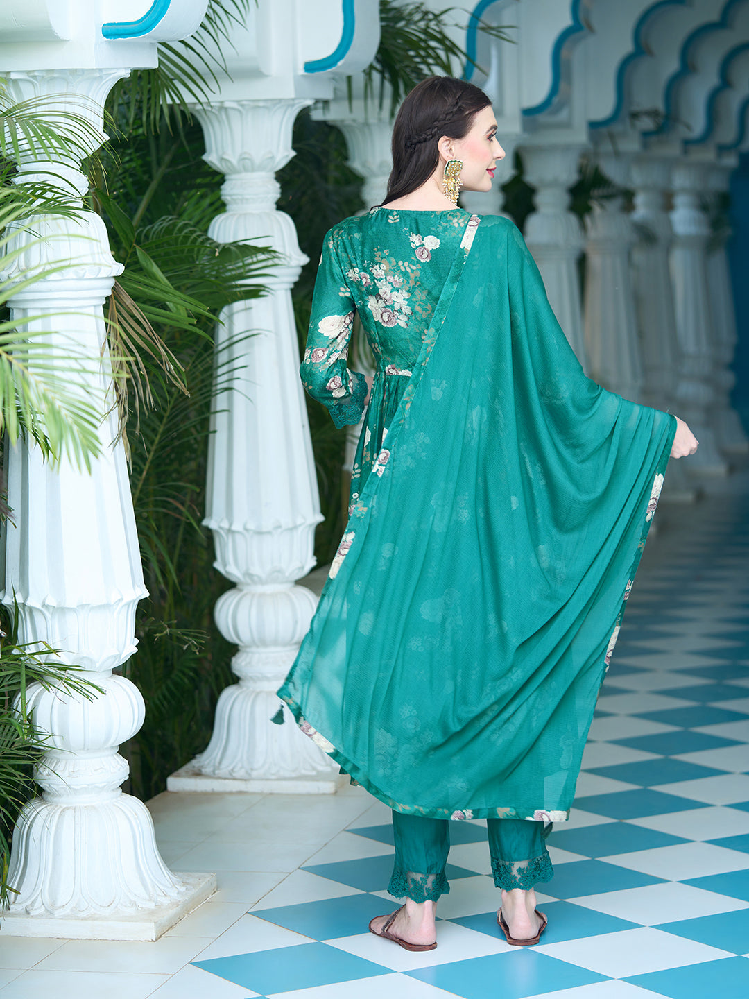 Floral Printed Pearl Embroidered Flared Kurta With Pants & Dupatta - Green